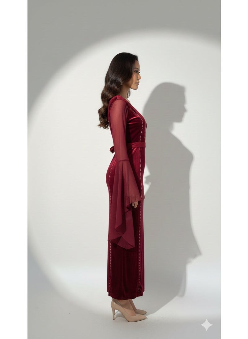 مانيكان فستان نسائي - بياقة على شكل حرف V، بكم طويل، بتصميم طويل - تصميم أنيق مناسب للخروج والمناسبات مع قصة مريحة - Image 5